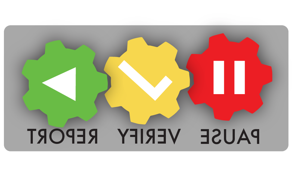 “暂停验证报告”标志, 由带有暂停标志的红色齿轮组成的, 带有勾号的黄色齿轮, 还有带游戏标志的绿色装备, 以及下面的“PAUSE VERIFY REPORT”字样